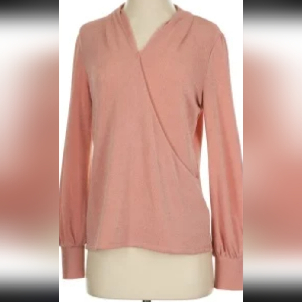 Adrianna Papell Blush Pink Surplice Long-Sleeve Blouse